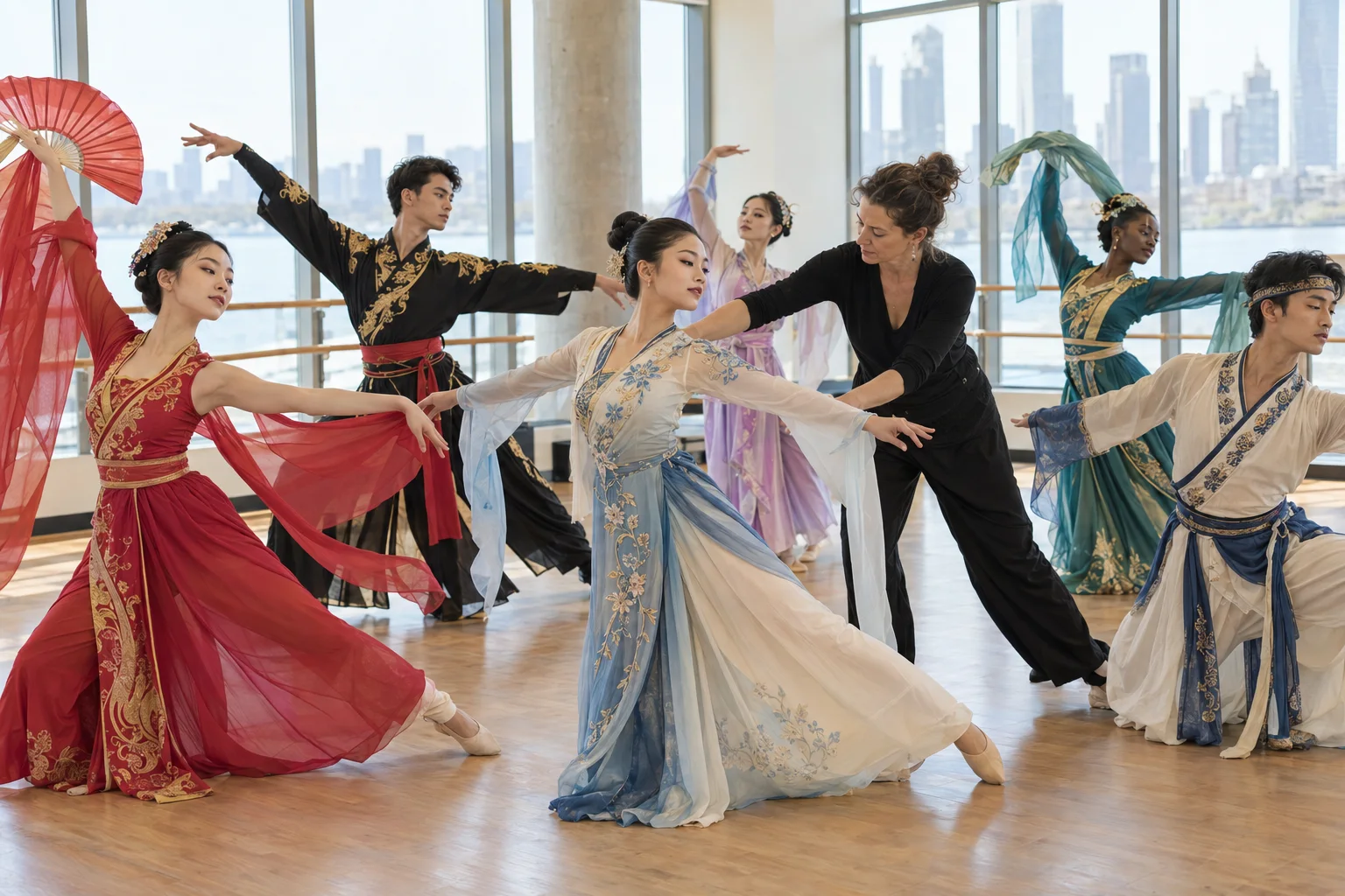 Dance institution rehearsing in custom performance costumes