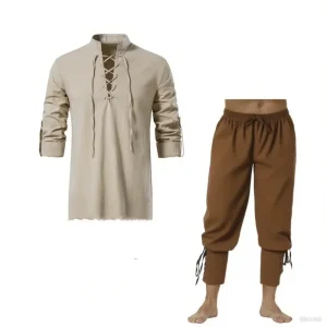 2-Piece Men’s Medieval Knight Costume Set with Renaissance Shirt and Ankle-Banded Pants