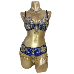2pcs Beaded Women’s Belly Dance Costume Set Performance Wear Including Printed Bar Belt Bra and Skirt for Girls