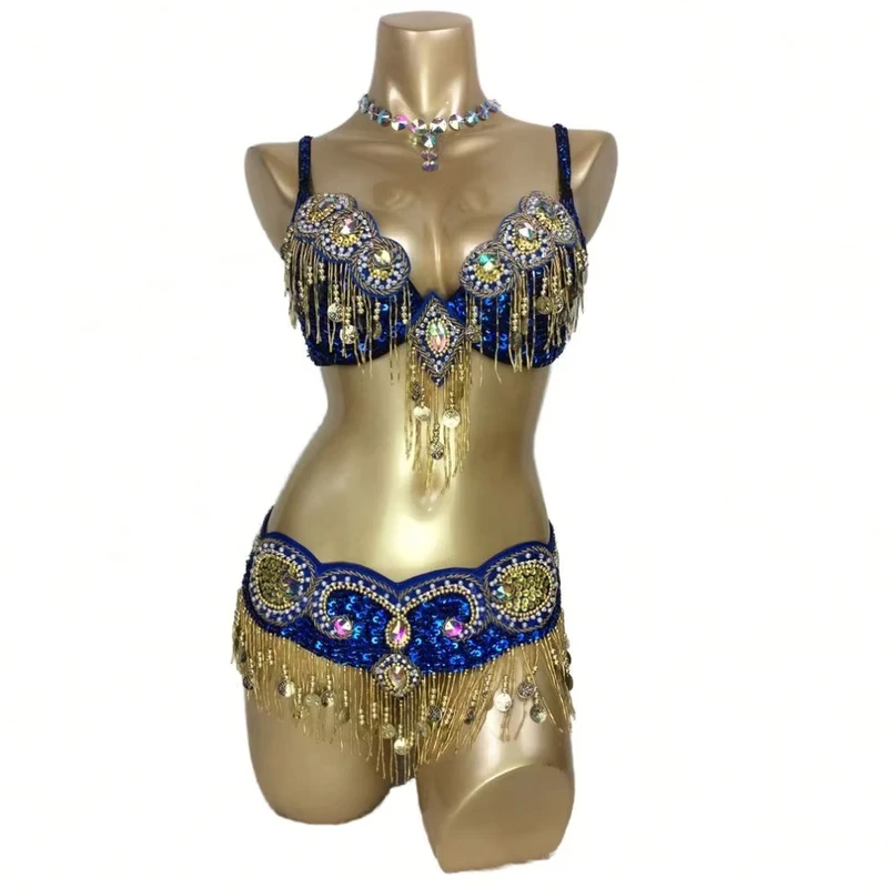 2pcs Beaded Womens Belly Dance Costume Set Performance Wear Including Printed Bar Belt Bra and Skirt for Girls