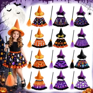 3-Piece Kids’ Halloween Witch Costume Set with Hat, Broom, and Skirt