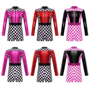 4 14 Girls Kid Race Car Racer Costume Long Sleeve Checkerboard Short Jumpsuit Cosplay Costume Bodysuit Dance Casual Jumpsuits