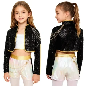 4 16 Kids Girls 3pcs Demon Cosplay Singer Outfit Crop Top Outer Wear and Waist Chain Shorts Costume Events Stage Performances