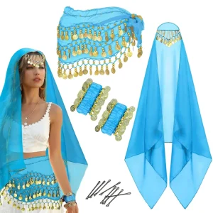 4 Piece Belly Dance Performance Costume Set Gold Coin Hip Scarf Wrist Scarf Head Scarf Clips for Stage Performance BN021