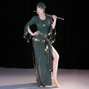 4-Piece Egyptian Saidi Cane Dance Baladi Galabeya Costume Set Shiny Strip Coin Fringe Folk Oriental Dance Robe Set for Halloween