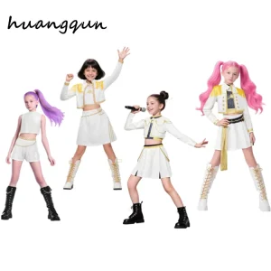 4 Styles Kids White Gold Trim Stage Performance Outfit Girls Cropped Jacket Skirt Shorts Concert Jazz Dance Costume Set