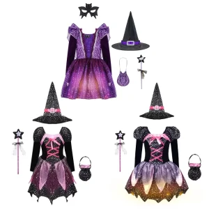 4pcs Sets 2 12 Kids Girls Witch Costume Outfit Long Sleeve Dress With Pointed Hat Wand Candy Bag Set Dance Costumes Wear