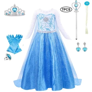 7 Pcs Girls Elsa Princess Costume Dress up Cosplay Birthday Party Dresses TV & Movie Costumes Children Girls Snow Queen Set