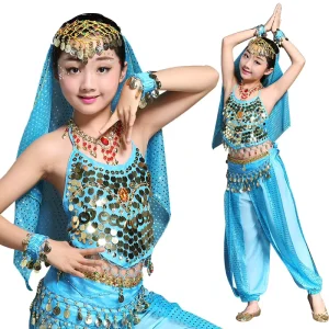 7-Piece Children’s Belly Dance Costume Set Chiffon Tutu Skirts Indian Dance Stage Suit