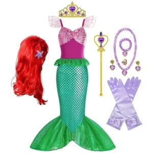 7-Piece Mermaid Dress Costume Set for Girls with Wig