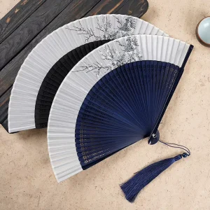 7-inch Ancient Style Hollow Folding Bamboo Fan Tassel Custom Logo Silk Cloth for Hanfu Attire Retro Craft Hotel Restaurant Use