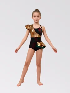 ANNA SHI Girls Asymmetric Leotard with Shiny Brown Foil Spandex and Ruffles Stage Dance Wear Nylon Material Training