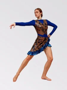 ANNA SHI Girls’ Stage Performance Latin Dance Dress Brown Blue Printed Spandex Nylon with Long Sleeves and Ruffled Hem