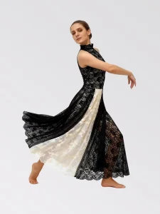 ANNA SHI Girls Stage Performance Stretch Black Ivory Lace Halter Neck Dance Dress with Flowing Midi Skirt