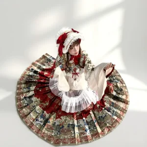 Adult Chinese Lolita Set Ming Style Hanfu Blend Cross Collar Heavy Embroidery Big Flare Lolita Outf