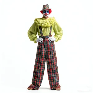 Adult Clown Costume Set with Yellow Ruffled Shirt and Plaid Overalls for Halloween and Cosplay