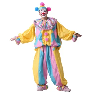 Adult Clown Costume with Pom Pom Hat Full Size Performance Outfit for Circus Birthday Halloween