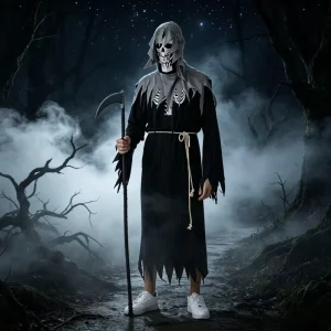 Adult Ghost Death Angel Devil Hooded Jumpsuit Robe with Headwear and Belt, PET Material, Customized Size
