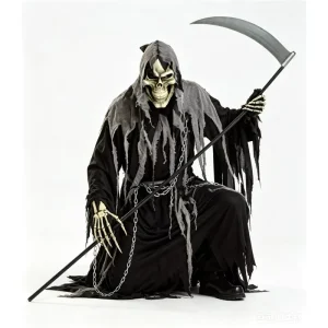 Adult Grim Reaper Halloween Costume Skeleton Ghost Cosplay Robe Horror Death God Outfit for Carnival Party Gloves+Scythe+Chain