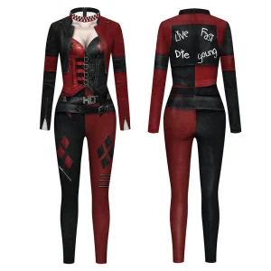 Adult Harley Quinn Superhero Women’s Carnival Jumpsuit Halloween TV Movie Character Costume