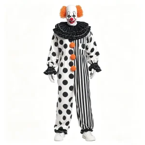 Adult Horror Clown Costume Polka Dot Stripe Jumpsuit with Ruffle Collar