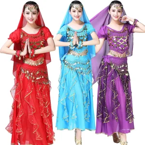 Adult Indian Belly Dance Stage Performance Shiny Long Tassel Skirt with Short Sleeve Costumes 2pieces Set for Women