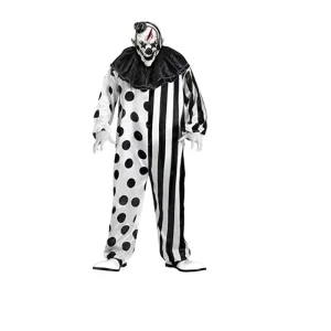 Adult Killer Clown Jumpsuit with Polka Dot and Stripe Patterns for Halloween Cosplay