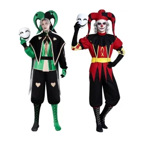 Adult Medieval Court Jester Costume Set with Mask, Men’s Harlequin Clown Cosplay Outfit