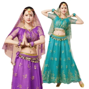 Adult Short Sleeve Gilded Rose Pattern Halloween Princess Indian Princess Bollywood Belly Dance Performance Costumes