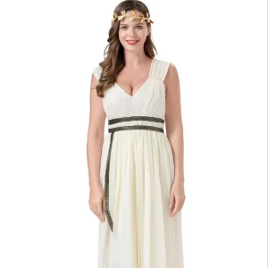 Adult Women’s Ancient Greek Goddess Egyptian Queen Costume White Maxi Gown with Gold Headband