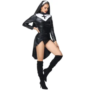 Adult Women’s Black PU Leather Cosplay Nun Costume