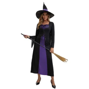 Adult Women’s Black and Purple Witch Costume With Long Dress and Hat