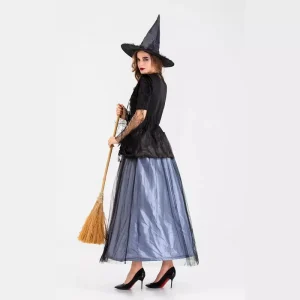 Adult Women’s Halloween Costume of Witch Lace Netting Black Witch Dress for Women