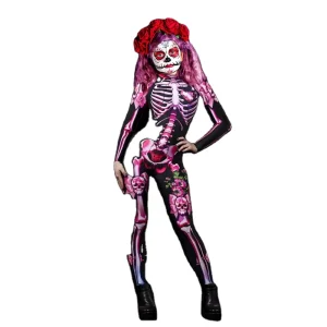 Adult Women’s Sexy Ghost Costume Rose Skeleton Halloween Devil Jumpsuit for Carnival, Parties, and Day of the Dead