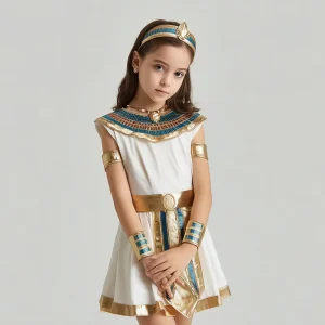 Ancient Egyptian Cleopatra Role Play Costume White Dress with Blue and Gold Trim