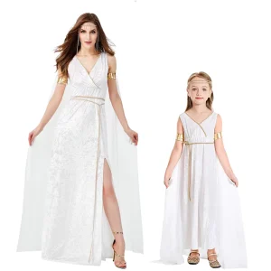 Ancient Greek Goddess Costume White Velvet Maxi Dress with Gold Accents Roman Toga Style Halloween Cosplay Gown