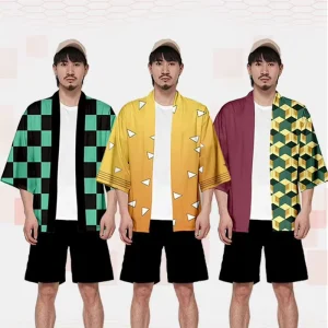 Anime Character Kamade Zezeko Pink Women’s Kimono Cardigan Summer Kamado Tanjirou Green Black Checkered Men Japanese Haori Coat