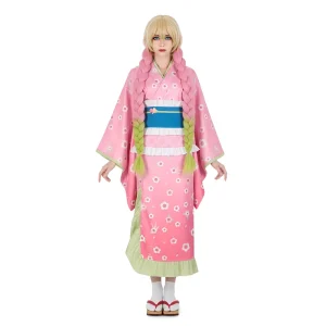 Anime Demon Slayer Kimono Cosplay Costume Pink Floral Haori Halloween Full Set Women Adult Polyester Sakura Theme Party Dress