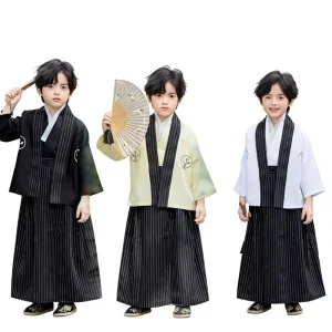 Autumn Japanese Traditional Ethnic Costume Striped Polyester Kimono Set Children’s Boy’s Top Pants Cute Performance Outfit