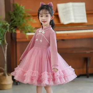 Autumn Little Girls Chinese Style Princess Performance Dress Knee Length A Line Party Gown Pink Red