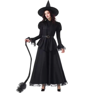BAIGE Black Witch Costume for Halloween Movie Performance Long Dress with Elegant Lace for Magician Party Character Props