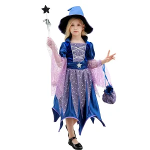Baige Hot Selling Fancy Kids Carnival Party Clothing Children Purple Costume With Hat Girls Witch Dress For Halloween
