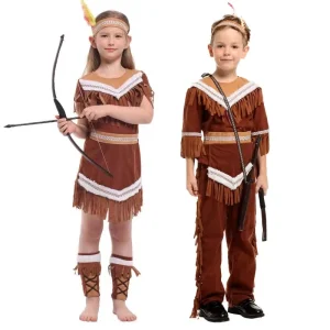 Baige Kids Indian Princess Huntress Children Brown Fringed Boy Girls Indian Costume