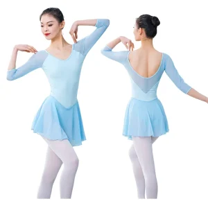 Ballet Dance Leotard Dress with Mesh 3/4 Sleeves Open Back Skirted Dancewear for Ballet Gymnastics Adult Training Leotards
