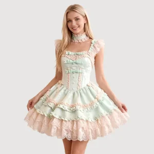 Ballet Sweet Princess Lolita JSK Dress Pink Sage Green Tiered Cake Dress