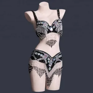 BestDance Arab Belly Dance Beaded Bra Top Belt Costume Festival Club Outfit