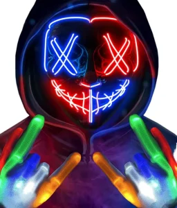 Black Bloody Glowing PVC LED Rave Costume with Neon EL Wire Scare Mask