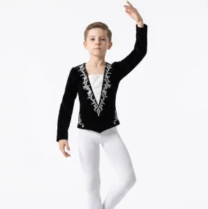 Black Boys Ballet Performance Top Tunic Prince Stage Dancewear Custom Kids Dance Shirt with Gold Embroidery