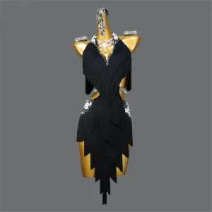 Black Fringe Latin Dance Dress with Rhinestone Cutout Waist for Women Professional Ballroom Competition Costume