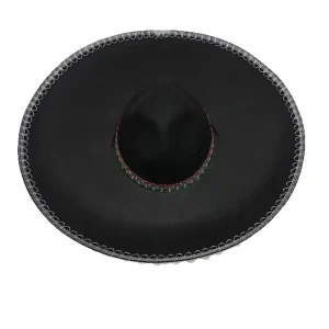 Black Mexican Sombrero with Green-Red Band and Lace Trim, Wide Brim Party Hat for Halloween Stage Performance